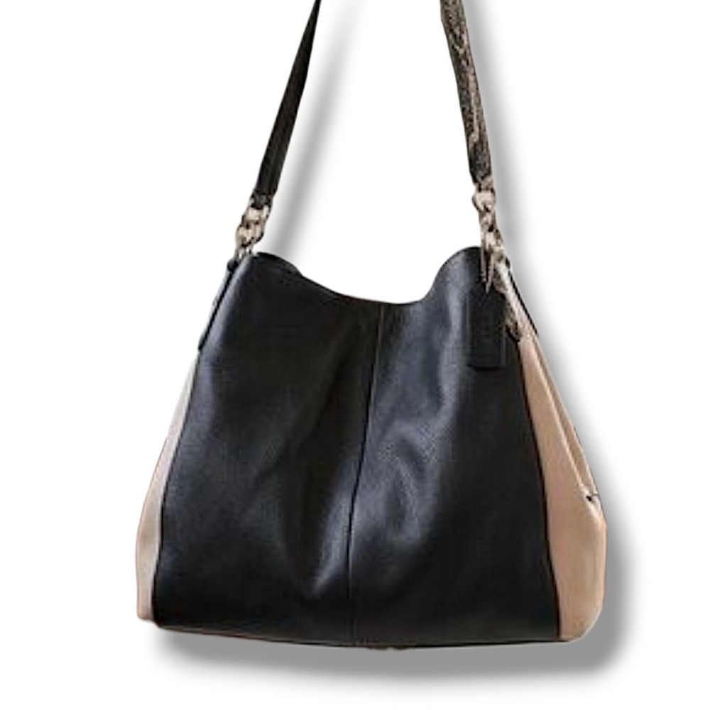 Coach Phoebe Leather Black & Tan Shoulder Bag With Exotic Trim